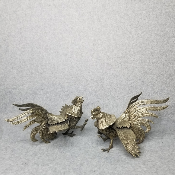 Pair Fighting Gamecock Roosters Vintage Italian Brass Figurines Made in Italy - Picture 16 of 17